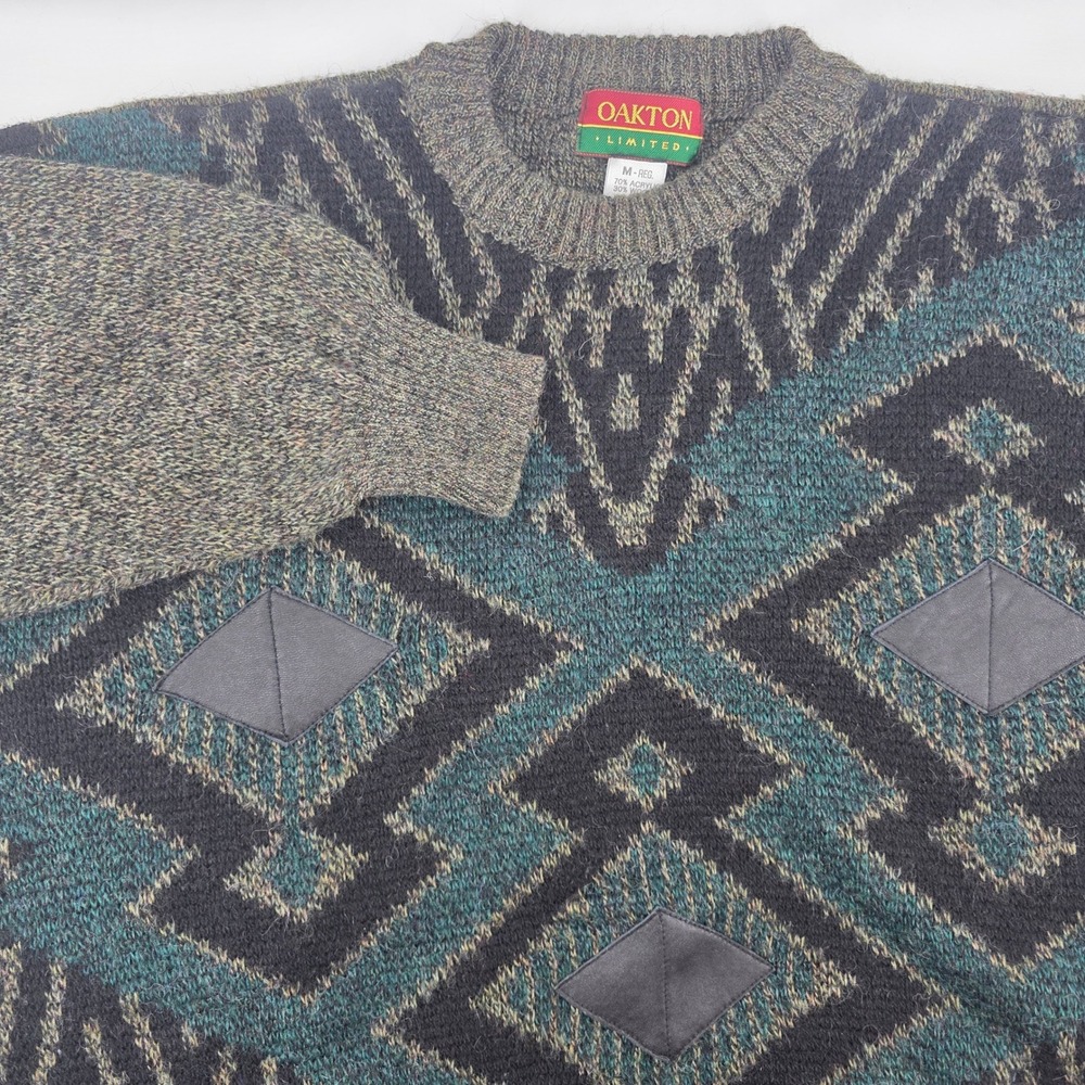 Oakton Limited Mens Med Acrylic Wool Aztec Diamond Leather Trim Sweater‎ Italy